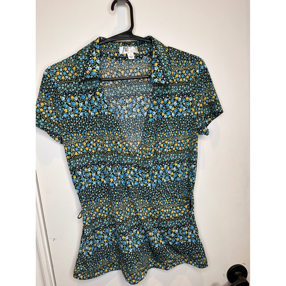 JW Women Blue Yellow Ditsy Floral Short Sleeve Collared Wrap Top Size Small